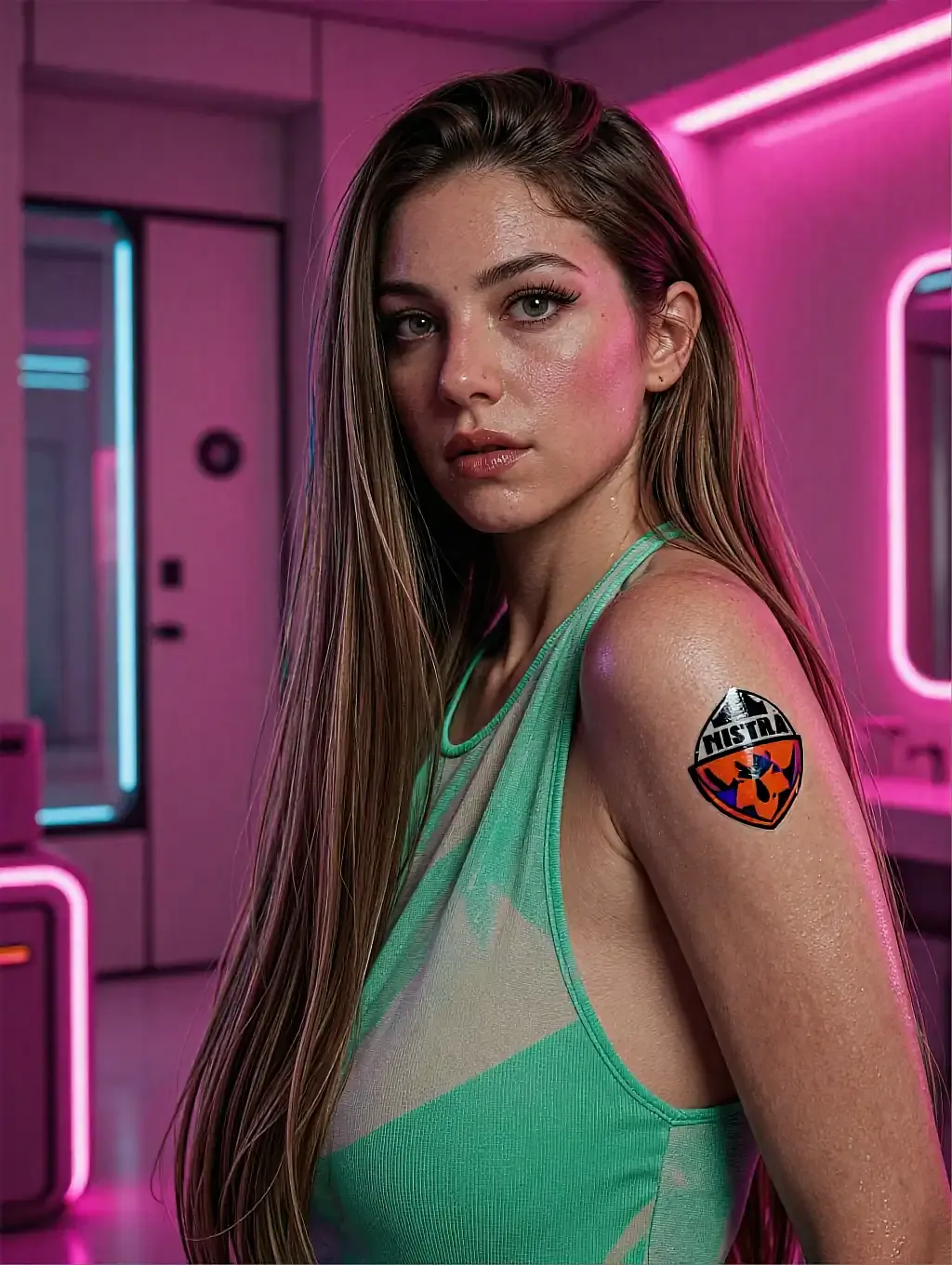 Fictional AI character featured on the third landing page, in warm light